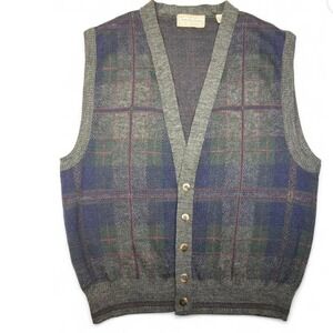 VTG 80s Murano Mens Plaid Wool Button Sweater Vest Medium Preppy Academia‎ Italy
